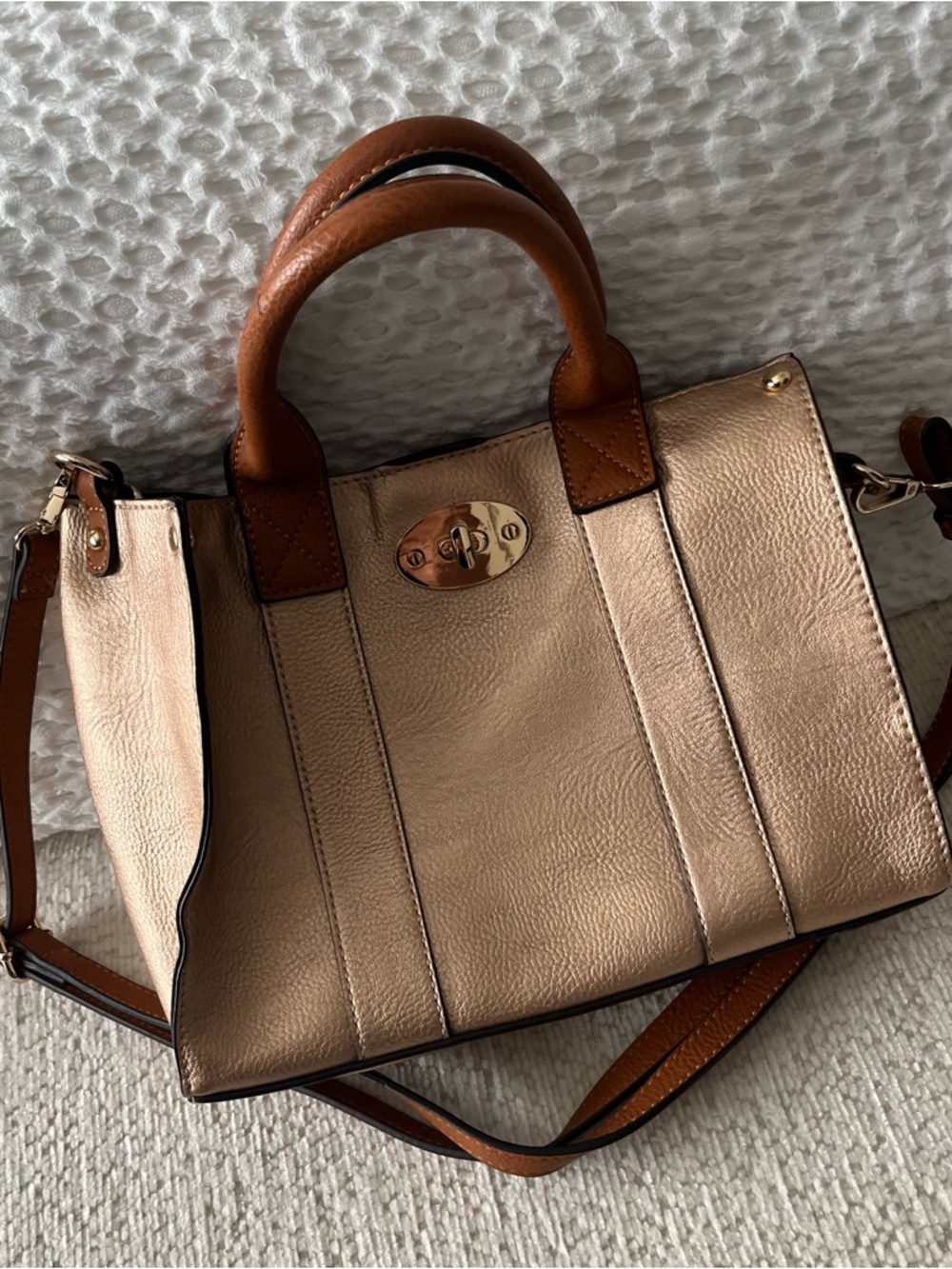 Metallic Pebble Leather Satchel in Rose Gold with Brown Trim